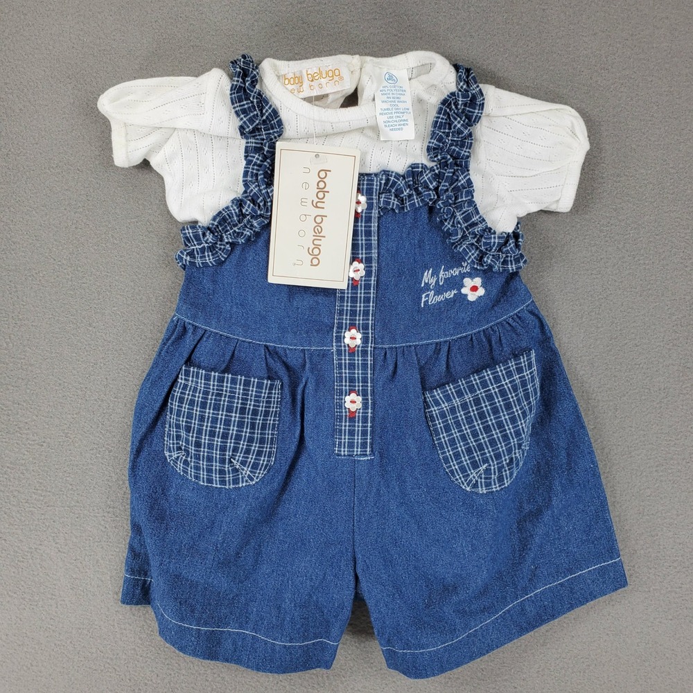 Baby Beluga Romper Set Kids 3/6M Blue White Plaid Ruffle Flower Vintage NEW